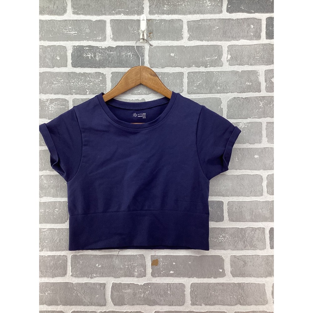 OFFLINE by Aerie Women Navy Blue Seamless Workout Crop Top Short Sleeve Size M